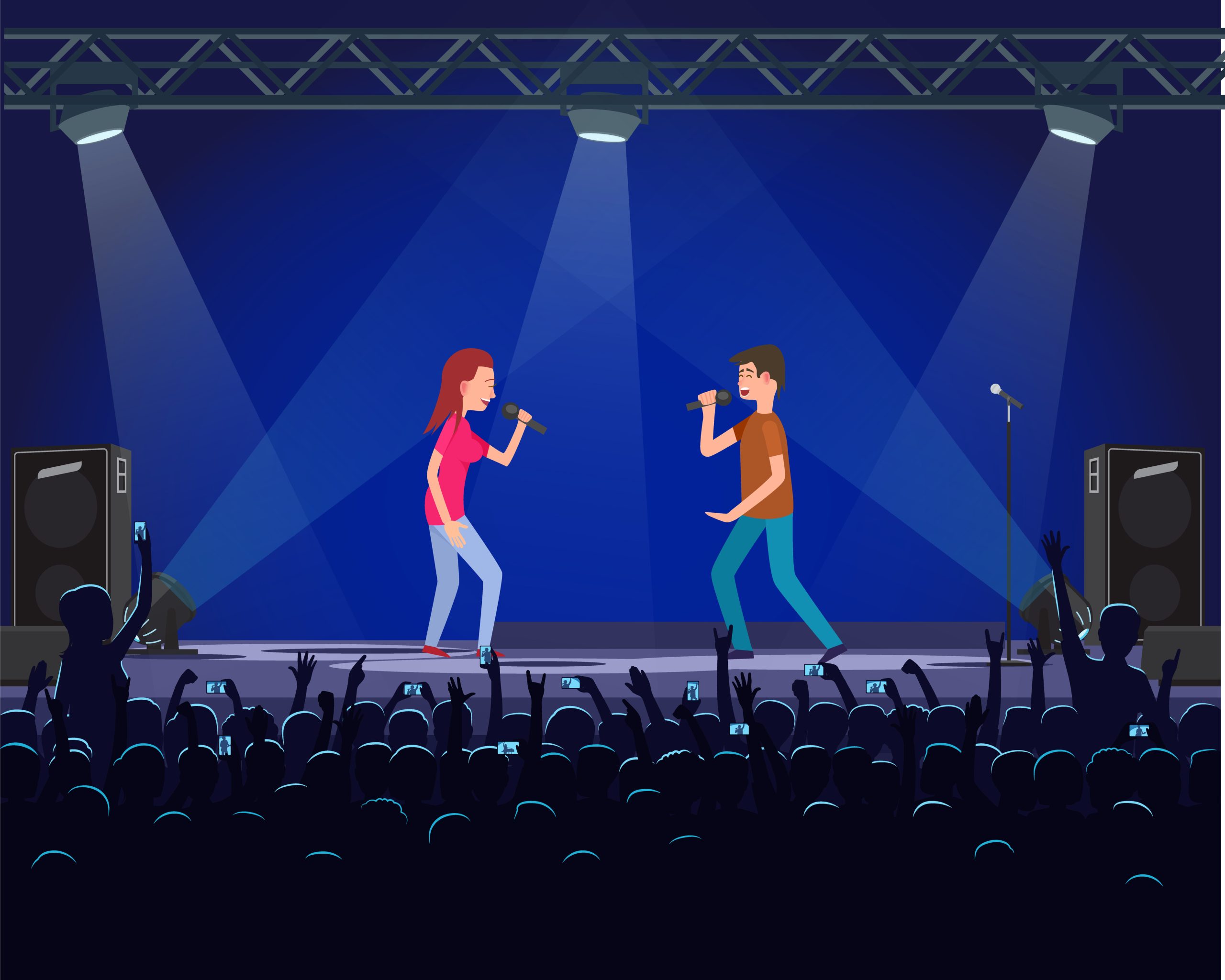 Couple of performers singing song with microphone on scene. People recording show of singers man and woman. Stage with light effects and speakers vector