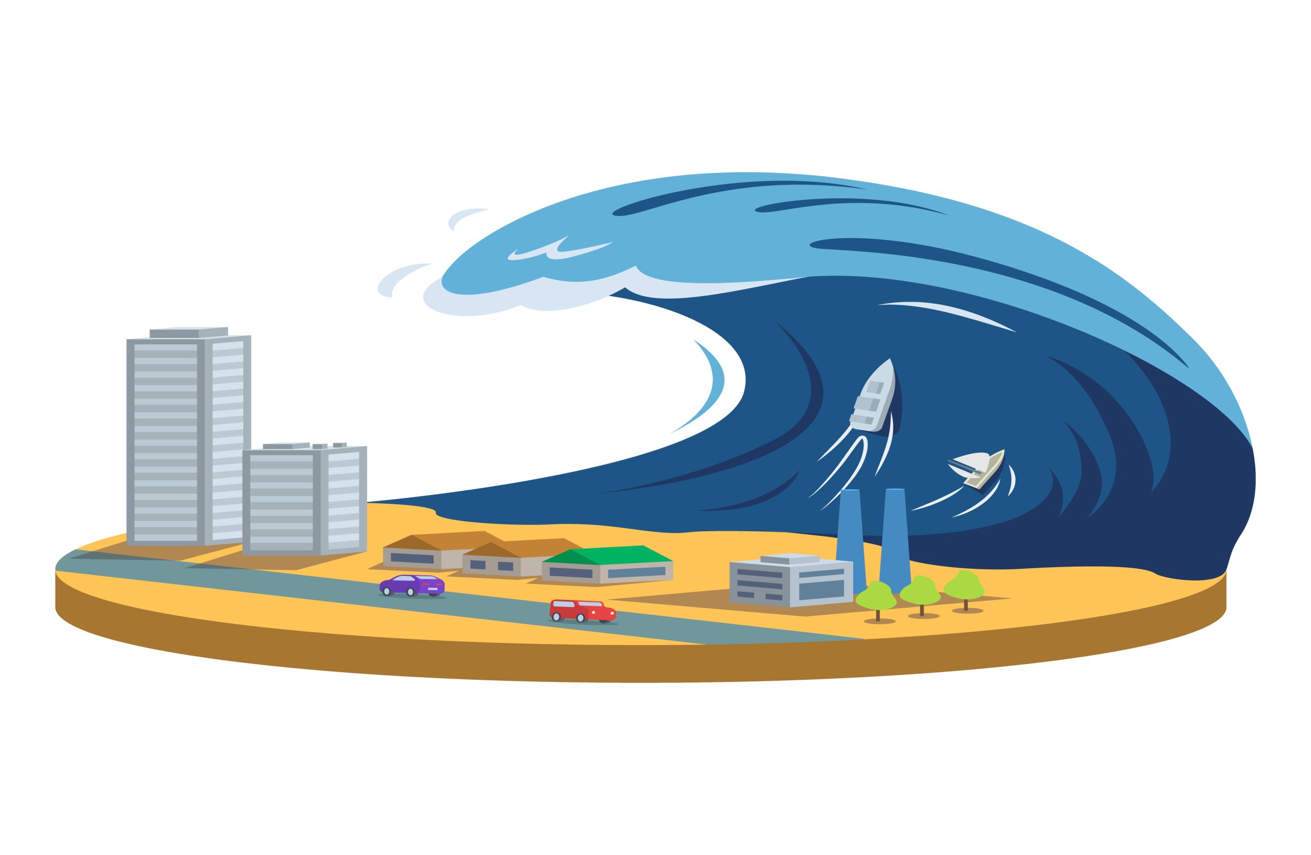 Typhoon cartoon vector illustration. Tsunami. High wave covering city. Tropical cyclone, storm. Catastrophe, cataclysm, calamity. Destructive phenomenon. Flat color natural disaster isolated on white